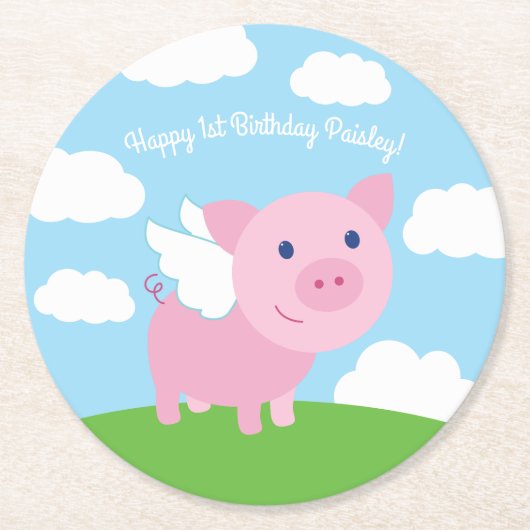 Flying Pig Niedlich Kid's Birthday Party Runder Pappuntersetzer (Vorderseite)