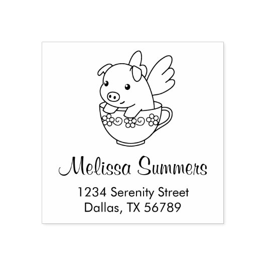 Flying Pig - Piglet with Wings in a Teacup Address Gummistempel (Prägung)