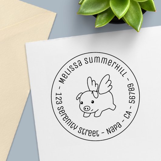 Flying Pig - Piglet with Wings Round Address 1 Permastempel