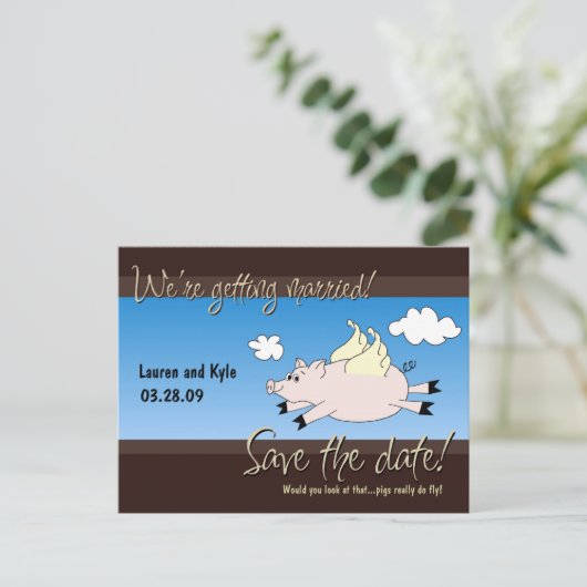 Flying Pig Save the Date PC Ankündigungspostkarte (Stehend Vorderseite)
