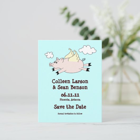 Flying Pig Save the Date, solide Rückseite Date (Stehend Vorderseite)