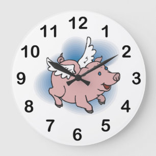Flying Pigs Clock - Cute Pink Pig with Wings! Große Wanduhr