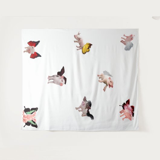 Flying Pigs White Tapestry Wandteppich (Vorderseite (Horizontal))