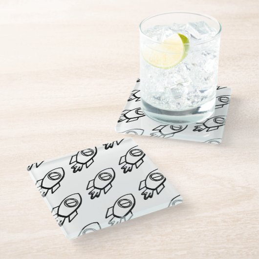 Flying Rocket Sketch-Muster Glasuntersetzer (Schrägansicht)