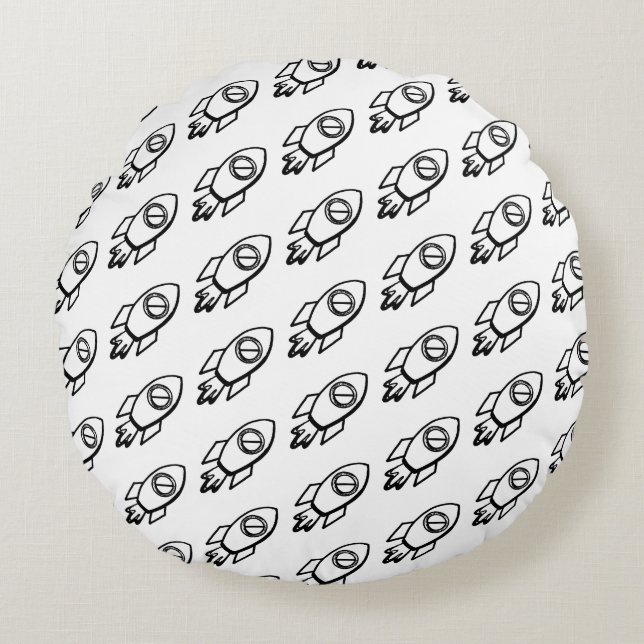 Flying Rocket Sketch-Muster Rundes Kissen (Vorderseite)