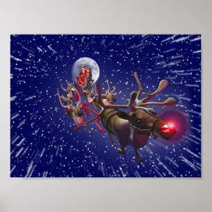 Flying Santa Claus Red Nosed Rentier Poster
