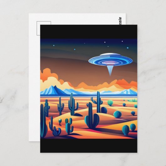 Flying Saucer über Wüstenlandschaft Postkarte (Vorne/Hinten)
