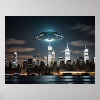 Flying Saucer UFO über einer Stadt Poster