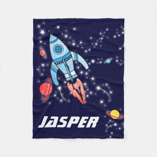 Flying Space Rakete blaue Planeten und Sterne Fleecedecke (Vorderseite)