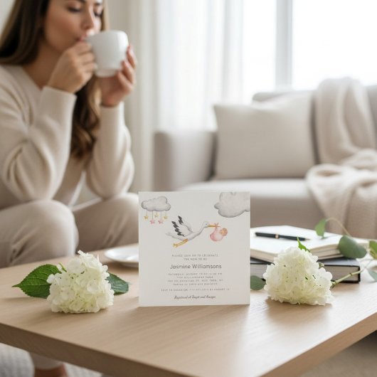 Flying Stork Clouds Stars Baby Shower Einladung