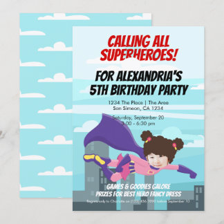 Flying Superhero Comic Geburtstagsparty (Girl) Einladung