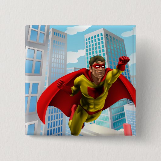 Flying Superhero Comic Style Red and Yellow Held Button (Vorderseite)