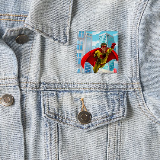 Flying Superhero Comic Style Red and Yellow Held Button