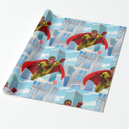 Flying Superhero Comic Style Red and Yellow Held Geschenkpapier (Ungerollt)