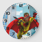 Flying Superhero Comic Style Red and Yellow Held Große Wanduhr (Vorderseite)