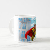 Flying Superhero Comic Style Red and Yellow Held Kaffeetasse (Vorderseite Links)