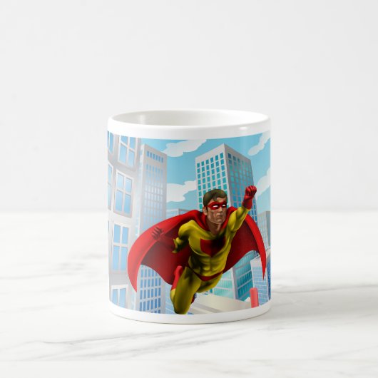 Flying Superhero Comic Style Red and Yellow Held Kaffeetasse (Mittel)