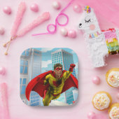 Flying Superhero Comic Style Red and Yellow Held Pappteller (Party)