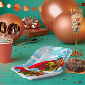 Flying Superhero Comic Style Red and Yellow Held Pappteller