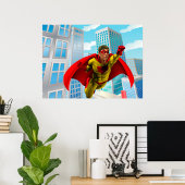 Flying Superhero Comic Style Red and Yellow Held Poster