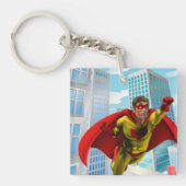 Flying Superhero Comic Style Red and Yellow Held Schlüsselanhänger (Vorderseite)