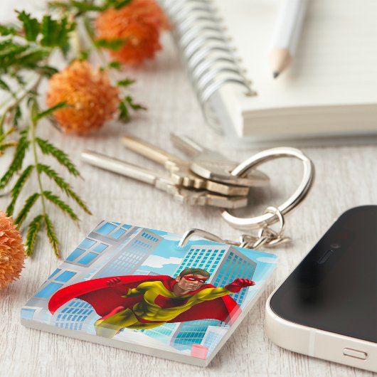 Flying Superhero Comic Style Red and Yellow Held Schlüsselanhänger