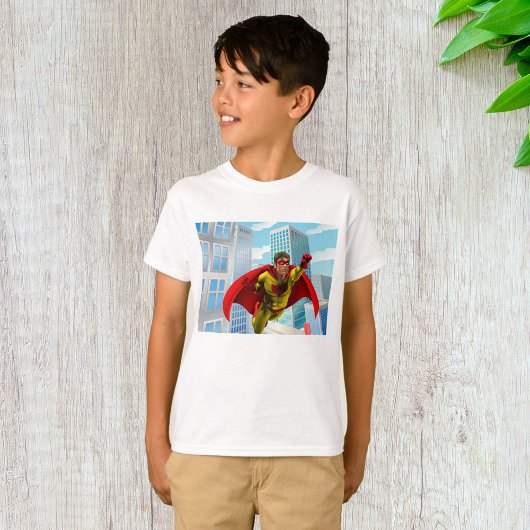Flying Superhero Comic Style Red and Yellow Held T-Shirt