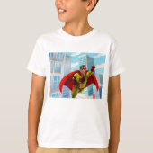 Flying Superhero Comic Style Red and Yellow Held T-Shirt (Vorderseite)