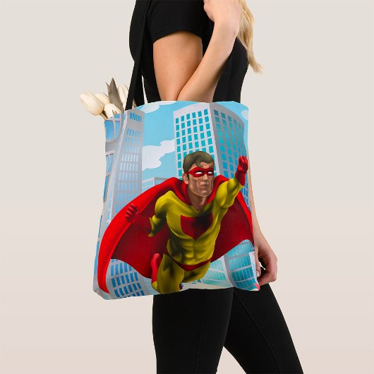 Flying Superhero Comic Style Red and Yellow Held Tasche