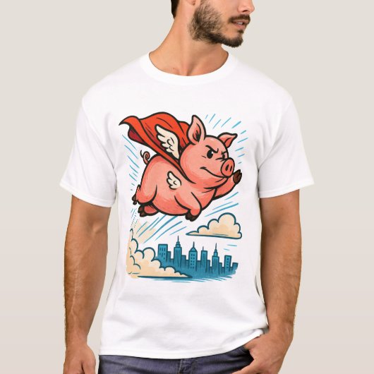 Flying Superhero Pig Cartoon T-Shirt (Vorderseite)