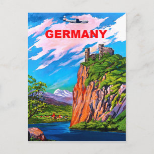 Flying to Germany, Castle on Rhein, Vintag Postkarte