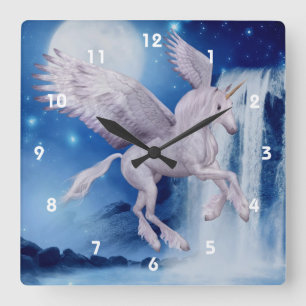 Flying Unicorn And Waterfall Fantasy Quadratische Wanduhr