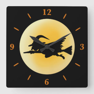 Flying Wicked Hexe Silhouette Round Wall Clock Quadratische Wanduhr