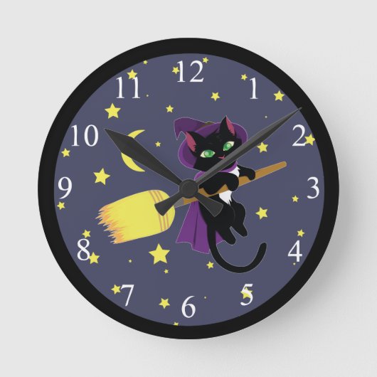 Flying Witch Cat Runde Wanduhr (Vorderseite)