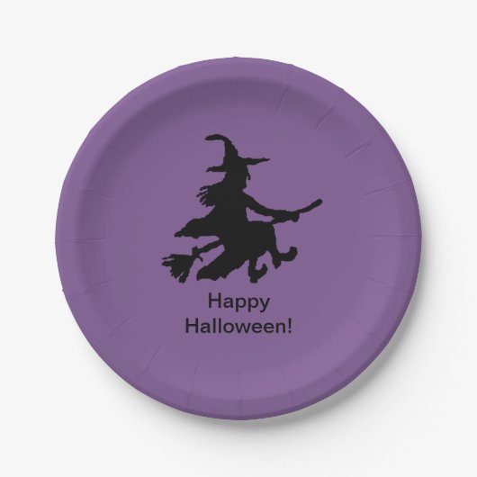 Flying Witch - Lila - Frohes Halloween - Pappteller (Vorderseite)
