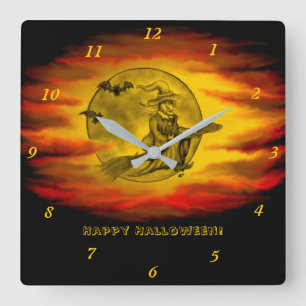 Flying witch with black cat , halloween night quadratische wanduhr