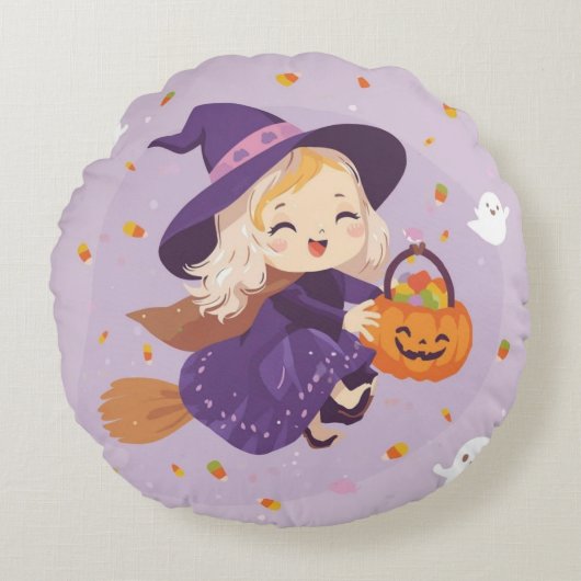 Flying Witch with Pumpkin Round Pillow Rundes Kissen (Vorderseite)