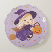 Flying Witch with Pumpkin Round Pillow Rundes Kissen (Rückseite)