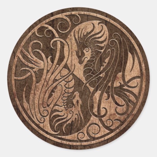Flying Yin Yang Dragons mit holzkörniger Wirkung Runder Aufkleber (Vorderseite)