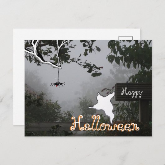 Foggy Autumn & Spider Ghost HALLOWEEN Postcard Postkarte (Vorne/Hinten)