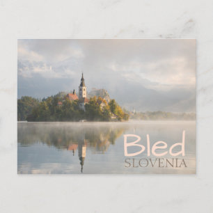 Foggy Bled Lake sunrise doppelter Text Postkarte