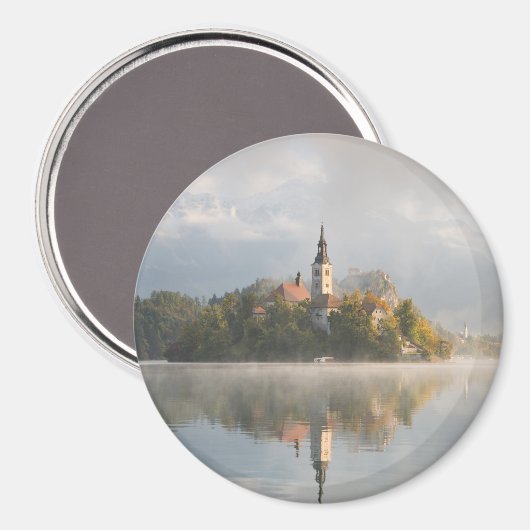 Foggy Bled Lake Sunrise Rundmagnet Magnet (Vorderseite/Rückseite)