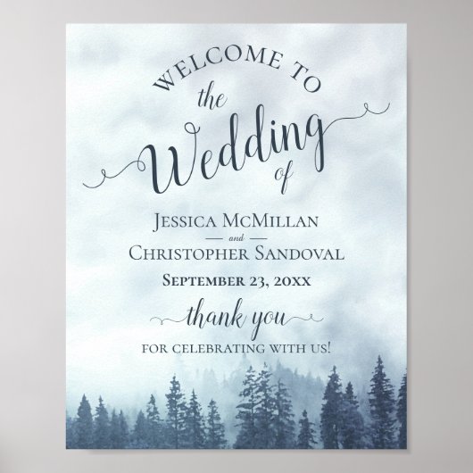 Foggy Blue Pine Forest Rustikale Hochzeit Begrüßun Poster (Vorne)