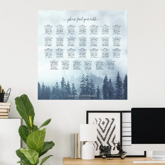 Foggy Blue Pines 27 Table Wedding Seating Chart Poster (Heimbüro)