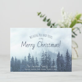 Foggy Blue Pines Rustikale Wasserfarbe Frohe Weihn Feiertagskarte