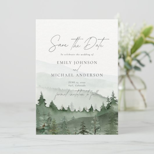 Foggy Forest Pine Tree Save the Date CARD Einladung (Stehend Vorderseite)
