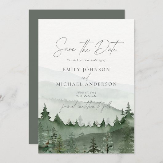 Foggy Forest Pine Tree Save the Date CARD Einladung (Vorne/Hinten)