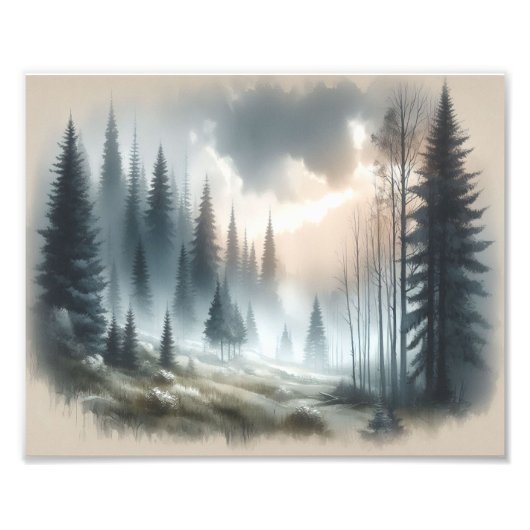 Foggy Forest Trees Landschaftsbild Malerei Fotodruck (Vorne)