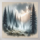 Foggy Forest Trees Landschaftsbild Malerei Poster (Vorne)