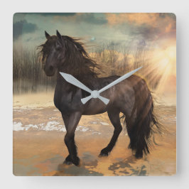 Foggy Friesian Morning - Horse Quadratische Wanduhr